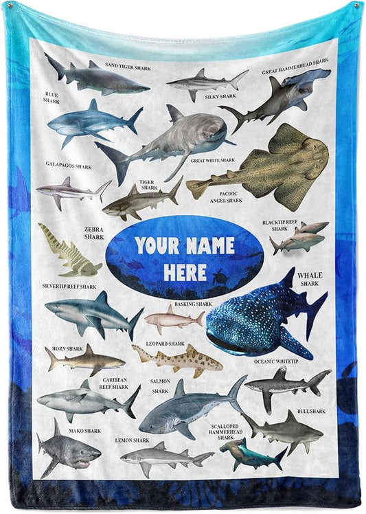 Personalized Shark Blanket for Kids - Ships Next Day and Made in USA - Soft Fleece Throw Bed, Cute Room Decor, Plush Sofa Couch Cover, Lightweight Baby Shark Toys, Custom Gift (Fleece 60x80)