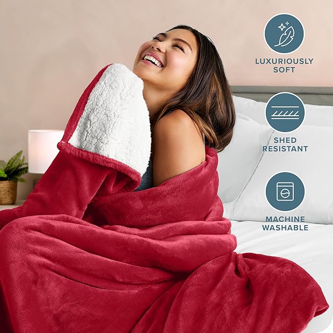 Bare Home Sherpa Fleece Blanket - Full/Queen Size - Blanket for Bed, Sofa, and Couch - Warm & Lightweight - Fluffy & Soft - Reversible (Full/Queen, Red)