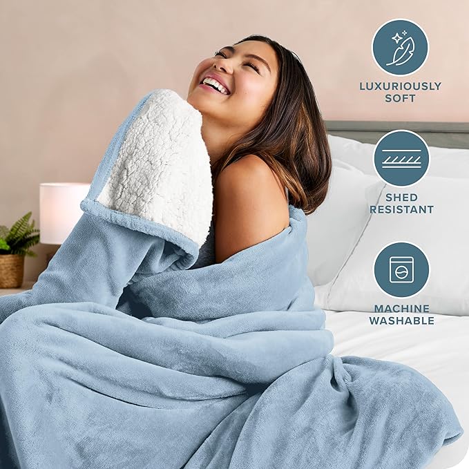 Bare Home Sherpa Fleece Blanket - Twin/Twin Extra Long - Blanket for Bed, Sofa, and Couch - Warm & Lightweight - Fluffy & Soft - Reversible (Twin/Twin XL, Light Blue)