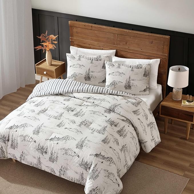 Eddie Bauer - Twin Comforter Set, Reversible Bedding with Matching Sham, Oeko-Tex Certified, Dorm Essentials (Rocky Mountain Cabin Grey)