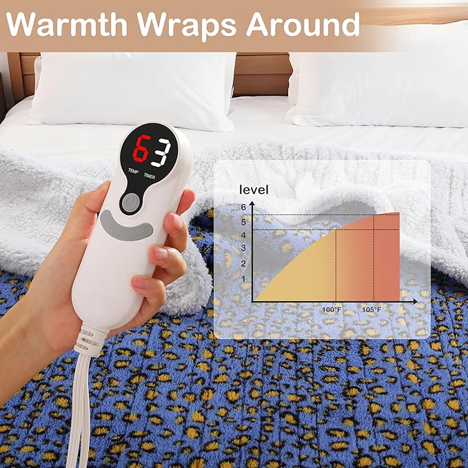 Electric Heated Blanket Full Size 72"×84" with 6 Heating Levels &10Hs Auto Off, Heating Double Sided Plush Sherpa, Fast Heating, Machine Washable Leopard Print Blue & Yellow