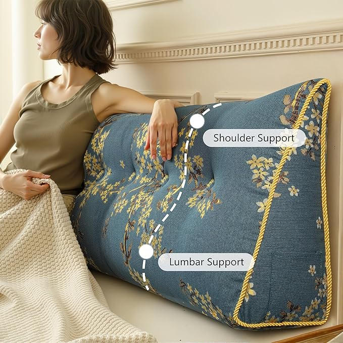 WOWMAX Large Bolster Triangular Headboard Backrest Positioning Support Reading Wedge Pillow for Day Bed Bunk Bed Removable Cover California King Lake Blue