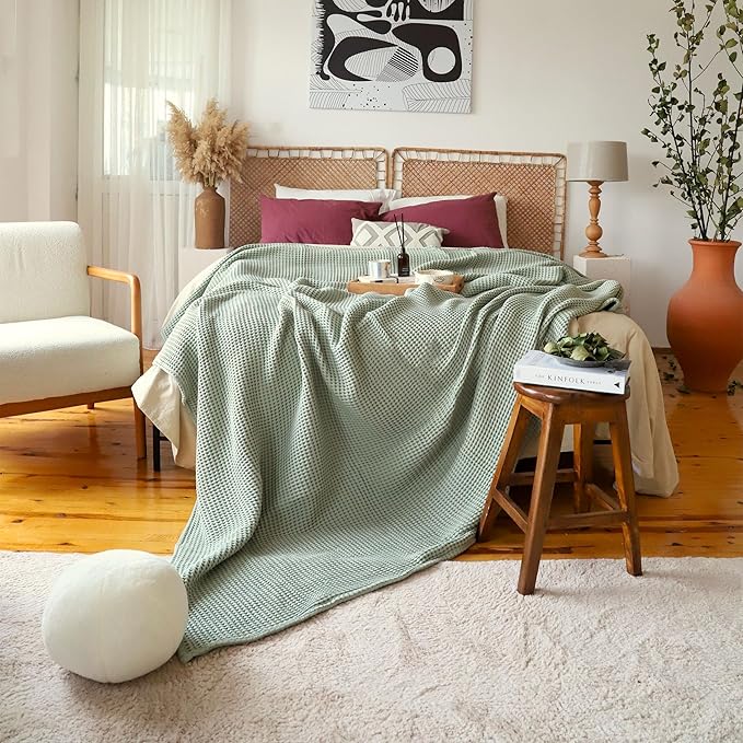 Premium Waffle Blanket Twin Size Sage Green - Luxury, Pure 100% Turkish Cotton, Light and Airy Waffle Weave All-Season Quilt - Decorative Bedspread (Sage Green, Twin 63" x 91" Inch)