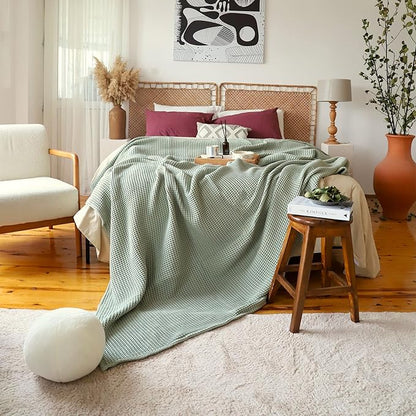 Premium Waffle Blanket Queen XL Size Sage Green - Luxury, Pure 100% Turkish Cotton, Light & Airy Waffle Weave All-Season Quilt - Decorative Bedspread (Sage Green, Queen XL 95" x 102" Inch)