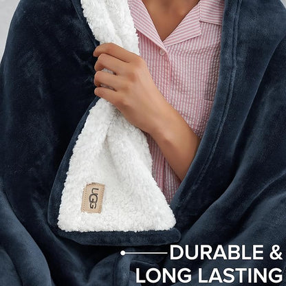 UGG Nita Full/Queen Blanket Fleece Fluffy Reversible Soft Fuzzy Bedding Cozy Plush Warm Oversized Blanket Machine Washable Bedroom Decor for Big Couch or Bed, 90-inch x 90-inch, Navy Blue