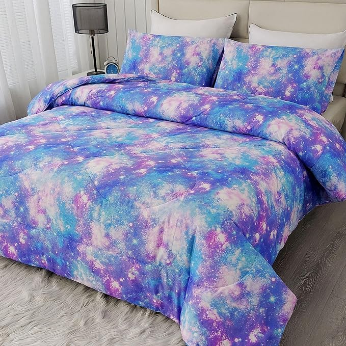 SDIII 3PCS Colorful Galaxy Comforter Set Twin, Soft Microfiber Lightweight Space Comforter Twin, Space Bedding Twin for Boys Girls Kids and Teens