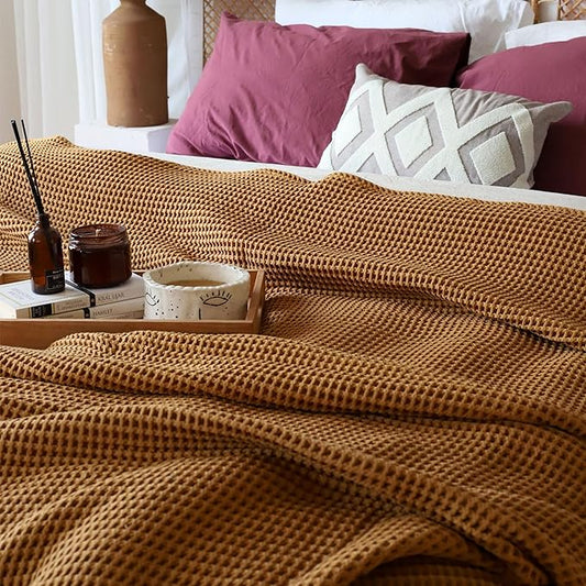 100% Turkish Cotton Waffle Blanket King Size Caramel - Premium Quality, Light and Airy Waffle Weave All-Season Quilt - Lux Decorative Bedspread (Caramel, King Size 95" x 110" Inch)