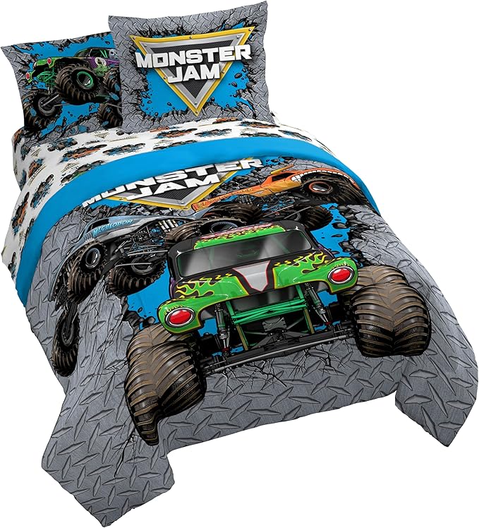 Jay Franco Kids Comforter Set Includes Sheets and Pillow Covers - Soft and Cozy Bed Set for Stylish Room Decor, Gray - Monster Jam 01, 7 Piece Queen Size Bedding