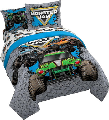 Jay Franco Kids Comforter Set Includes Sheets and Pillow Covers - Soft and Cozy Bed Set for Stylish Room Decor, Gray - Monster Jam 01, 7 Piece Queen Size Bedding