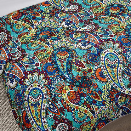 Boho Style Full Quilt Set,Bohemian Floral Quilt Beddding Set for Adults,Soft and Lightweight Bed Set for All Season,Colorful Quilted Beddding with 2 Pillowcases.