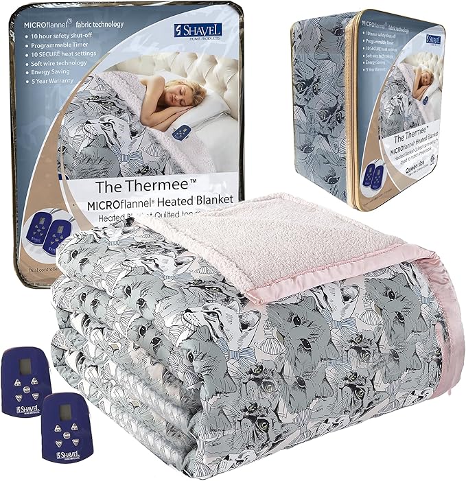 Thermee Micro Flannel Heated Blanket with Sherpa Back, 10-Setting Programmable Electric Blanket - Queen Size, Ultra-Soft Heated Throw - Cat Medley