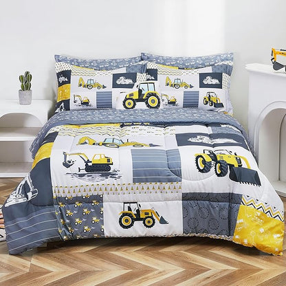 Mooreeke Kids Full Comforter Sets for Boys 8 Pieces Yellow Excavator Bedding Set for Teens Microfiber Kids Bed in A Bag with Comforter, Sheet Set, Shams and Decorative Toy Pillow All Season