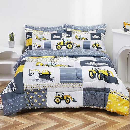 Mooreeke Kids Full Comforter Sets for Boys 8 Pieces Yellow Excavator Bedding Set for Teens Microfiber Kids Bed in A Bag with Comforter, Sheet Set, Shams and Decorative Toy Pillow All Season