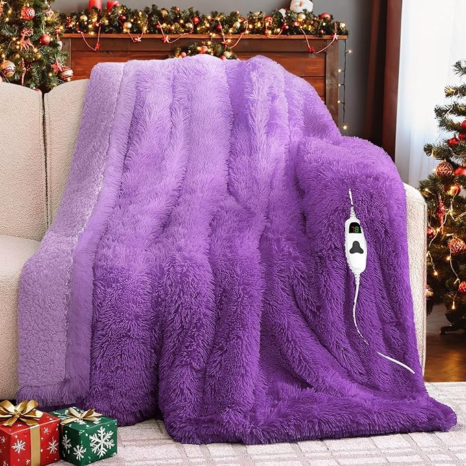 Heated Electric Blanket Throw,Warm Winter Birthday Gifts for Women Her Grandma-Faux Fur with Soft Sherpa,10 Heat Settings,5 Time Settings with Fast Heating, 50x60, Mystic Purple