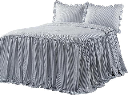 Lush Decor Ticking Stripe Bedspread Queen Size 3 Piece Set Navy - Ruffle Bedding Set Queen Bedspreads - Striped Bedding - Farmhouse & Coquette Decor