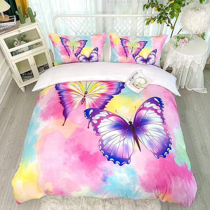 CVHOUSE Butterfly Duvet Cover Set Full Size,Butterfly Bedding Set,Butterflies Printed Comforter Cover Set for Girls Kids Teens,1 Quilt Cover 2 Pillowcases 3 Piece