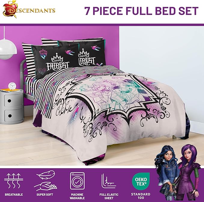 Jay Franco Kids Comforter Set Includes Sheets and Pillow Cover - Soft and Cozy Bed Set for Stylish Room Décor, Multi - Descendants, 7 Piece Full