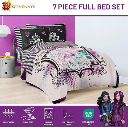 Jay Franco Kids Comforter Set Includes Sheets and Pillow Cover - Soft and Cozy Bed Set for Stylish Room Décor, Multi - Descendants, 7 Piece Full