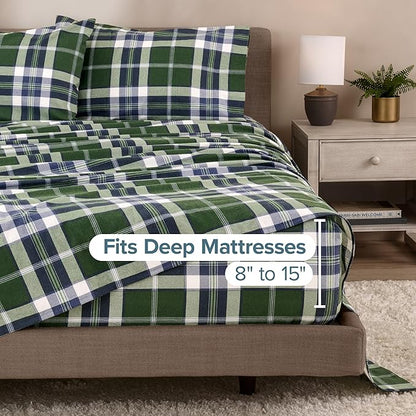 Bare Home Cotton Flannel Sheet Set Prints, 100% Cotton, Velvety Soft Heavyweight - Double Brushed for Softness & Comfort - Deep Pocket - Bed Sheets (Twin, Enchanted Plaid - Green)