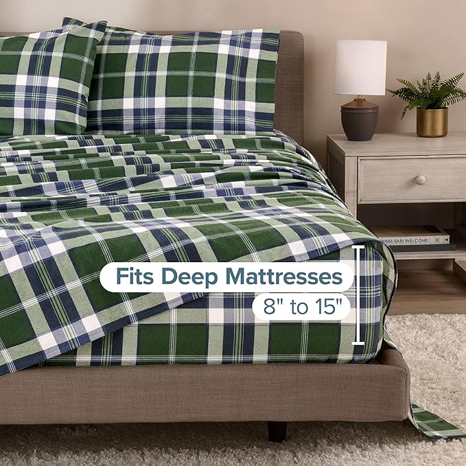 Bare Home Cotton Flannel Sheet Set Prints, 100% Cotton, Velvety Soft Heavyweight - Double Brushed for Softness & Comfort - Deep Pocket - Bed Sheets (Full, Enchanted Plaid - Green)