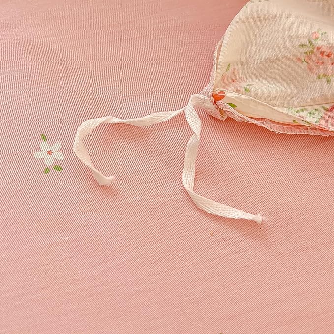 AOJIM Aesthetic Striped Duvet Cover Set with Floral and Rabbit Pattern, 1 Cotton Comforter Cover and 2 Pillowcases, Soft Durable Kids Duvet Cover Twin Size, Pink Bedding for Room Decor, No Comforter