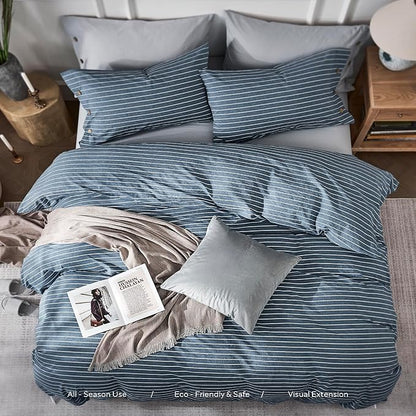 JELLYMONI Cotton Duvet Cover Twin Size - Blue Pinstriped Comforter Cover with Button 100% Washed Cotton 2PCS Breathable Soft Solid Bedding Set Duvet Cover 68×90in & 1 Pillowcase (NO Comforter)