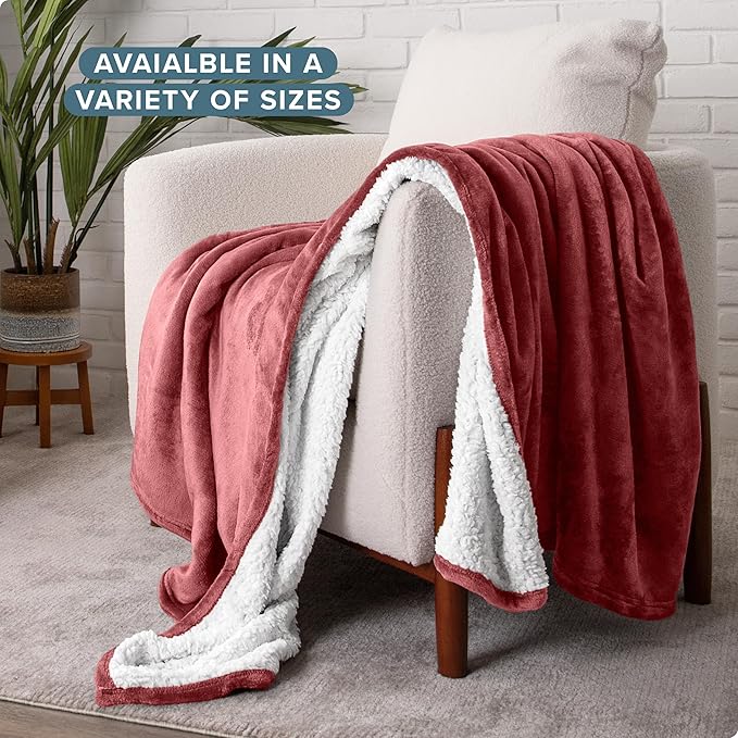 Bare Home Sherpa Fleece Blanket - Full/Queen Size - Blanket for Bed, Sofa, and Couch - Warm & Lightweight - Fluffy & Soft - Reversible (Full/Queen, Rosewood)