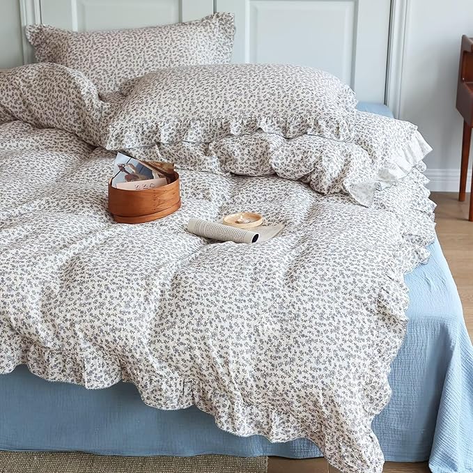BuLuTu Muslin Cotton Duvet Cover Set Queen, Shabby Chic Blue Floral Bedding Comforter Cover with Ruffles, Soft Breathable Quilt Cover Teens Young Adults Bed Set, Machine Wash