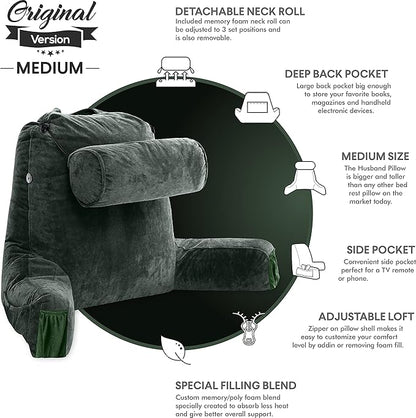 Husband Pillow Medium Dark Green, Backrest Kids, Teens, Petite Adults - Reading Pillows with Arms, Adjustable Loft, Plush Memory Foam, Bed Rest Chair Sitting Up, Detach Neck Roll, Removable Cover