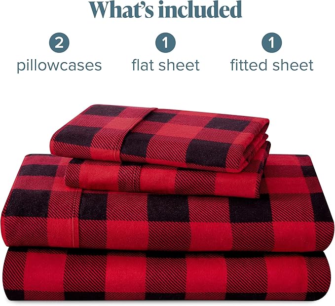 Bare Home Flannel Sheet Set Prints, 100% Cotton, Soft Heavyweight - Christmas Holiday Sheets - Double Brushed Flannel - Extra Softness, Comfort - Deep Pocket (Cal King, Buffalo Plaid - Red/Black)