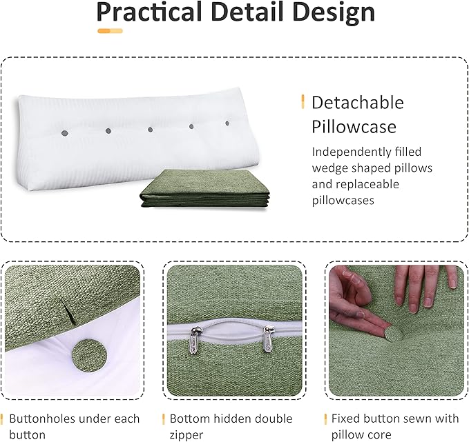 Wedge Pillow Headboard Reading Pillow for Sitting Up in Bed Adult Backrest Large Triangle Bolster Pillow for Couch Daybed Cushion Lumbar Body Support Leg Positioning（Green, Full）