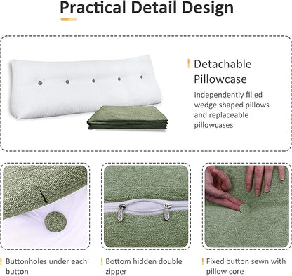 Wedge Pillow Headboard Reading Pillow for Sitting Up in Bed Adult Backrest Large Triangle Bolster Pillow for Couch Daybed Cushion Lumbar Body Support Leg Positioning（Green, King）
