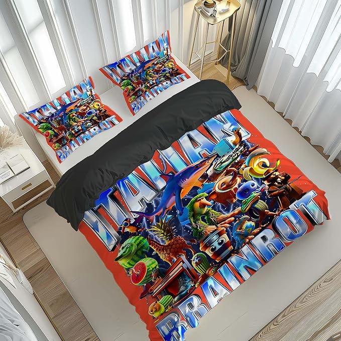 Italian Brainrot Bedding Duvet Cover Set,Funny Fusion AnimalsTwin Full Queen King Comforter Cover Bedding Set for Kids Boys Bed Decor Gifts ﻿ (Color 2,King (104" x 90"))