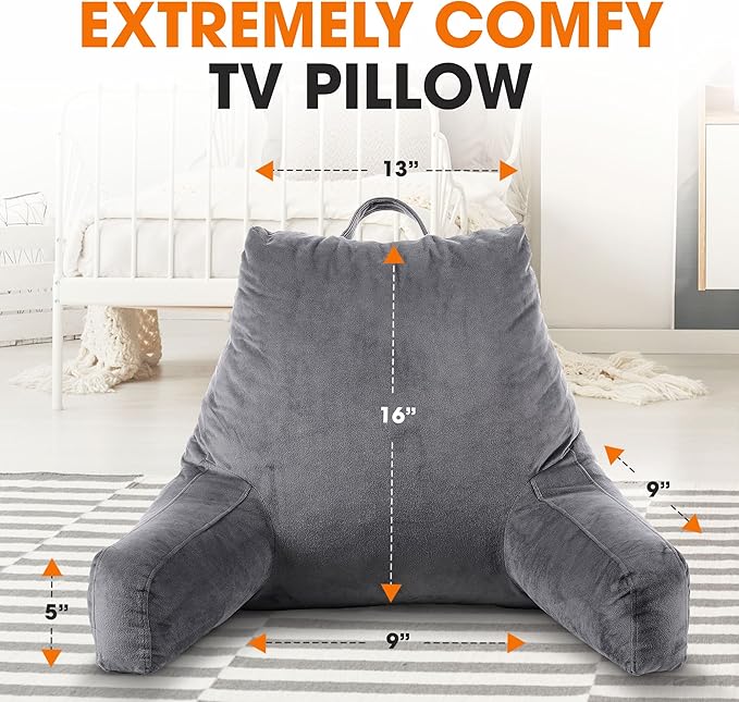 Cheer Collection Reading Pillow with Arms – Portable Bed Pillow for Sitting Up & Support, Foam-Filled Back Rest Pillow for Sitting in Bed & Couch, Machine Washable, Gray