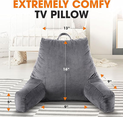 Cheer Collection Reading Pillow with Arms – Portable Bed Pillow for Sitting Up & Support, Foam-Filled Back Rest Pillow for Sitting in Bed & Couch, Machine Washable, Gray