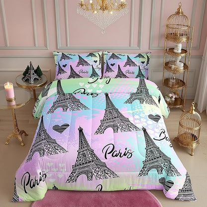 Eiffel Tower Comforter Set King,Rainbow Watercolor Tie Dye Quilt Set Romantic Graffiti City View Bedding Set for Kids Teens Adults Room Decor,Black Sketch Paris Themed Duvet Insert,2 Pillowcases