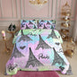 Eiffel Tower Comforter Set Queen, Rainbow Watercolor Tie Dye Bedding Romantic Graffiti City View Quilt for Room Decor, Black Sketch Paris Themed Duvet Insert, 2 Pillowcases