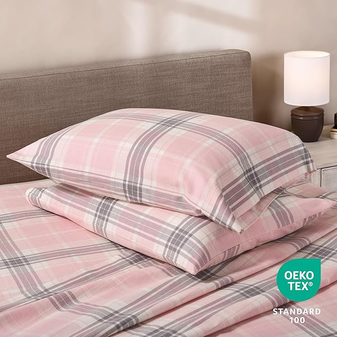 Bare Home Flannel Sheet Set Prints, 100% Cotton, Velvety Soft Heavyweight - Double Brushed Flannel - Deep Pocket (Twin XL, Aurora Plaid - Pink)