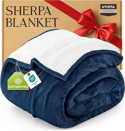 Utopia Bedding Sherpa Blanket California King Size (Navy, 102x96 Inches) - Soft Lightweight Plush Fleece Reversible Blanket for Bed, Sofa, Couch, Camping and Travel