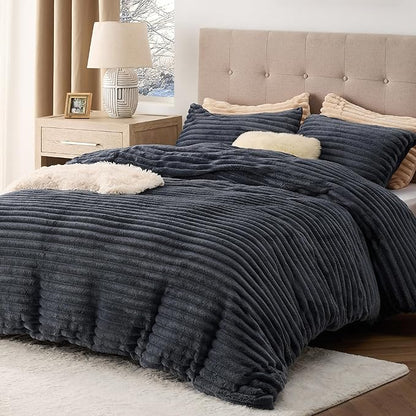 Bedsure Fluffy Duvet Cover Set - Ultra Soft Plush Shaggy Comforter Cover King Size, Warm Flannel Fleece Bed Sets for Winter, 3 Pieces (Striped Pattern, Dark Grey)