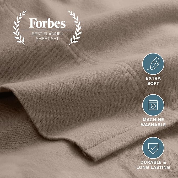 Bare Home Flannel Sheet Set 100% Cotton, Velvety Soft Heavyweight - Double Brushed Flannel - Deep Pocket (California King, Taupe)