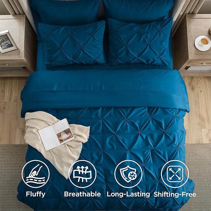 Bedsure Queen Comforter Set Teal - Bed in a Bag Queen Size Bedding 7 Pieces, GentleSoft™ Pintuck Bed Set Gift for Family, Pinch Pleat All Season Comforter with Sheets, Pillowcases & Shams