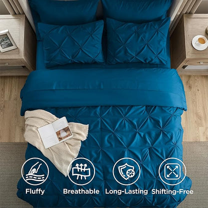 Bedsure Queen Comforter Set Teal - Bed in a Bag Queen Size Bedding 7 Pieces, GentleSoft™ Pintuck Bed Set Gift for Family, Pinch Pleat All Season Comforter with Sheets, Pillowcases & Shams