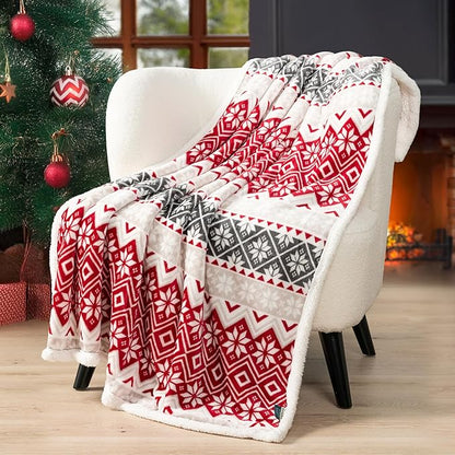 PAVILIA Premium Christmas Sherpa Throw Blanket, Red White Snowflake Holiday Blanket, Ultra-Soft Reversible Fleece Winter Throw for Home Decoration, Cozy Plush 50x60