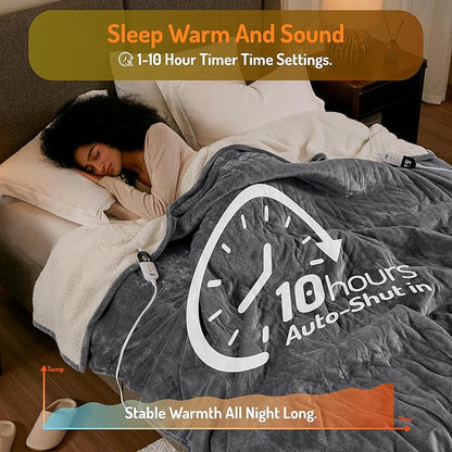 Degrees of Comfort Electric Blanket Twin Size - Soft Sherpa Flannel Heated Blankets - 6 Heat Settings, 10-Hour Auto Shut-Off, Overheat Protection, Etl Certified - 62x84'', Grey