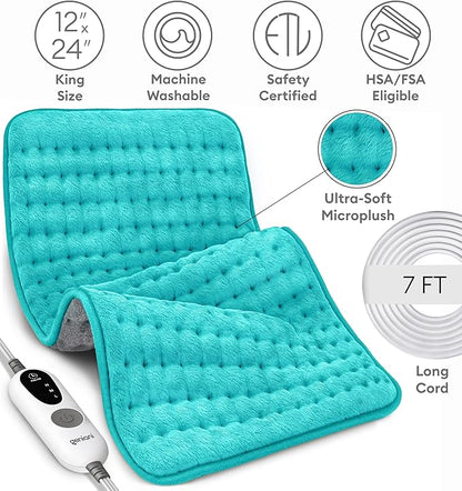 GENIANI XL Electric Heating Pad for Back Pain & Cramps Relief, Electric Throw, Christmas Gifts for Women, Auto Shut Off, Machine Washable, Heat Pad for Neck & Shoulder (12"x24" Viridian Green)