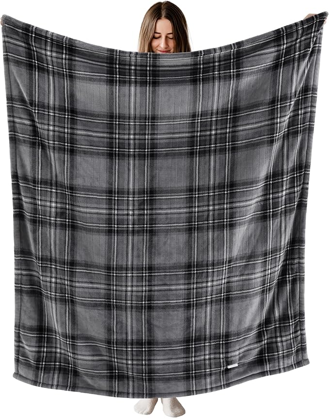 Bedsure Plaid Heated Throw Blanket - Flannel Sherpa Electric Blanket with Plaid Pattern, Heating with 6 Heating Levels, 4 Time Settings, 3-Hour Auto-Off, Warm Gifts for Grandma (Grey, 50"x60")