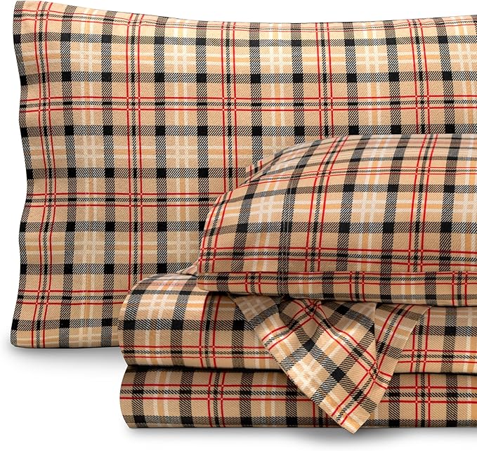 Bare Home Flannel Sheet Set Prints, 100% Cotton, Soft Heavyweight - Christmas Sheets - Double Brushed Flannel for Extra Softness & Comfort - Deep Pocket - Holiday Sheets (Queen, Red Lodge Plaid)