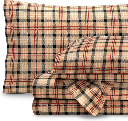 Bare Home Flannel Sheet Set Prints, 100% Cotton, Soft Heavyweight - Christmas Sheets - Double Brushed Flannel for Extra Softness & Comfort - Deep Pocket - Holiday Sheets (Queen, Red Lodge Plaid)