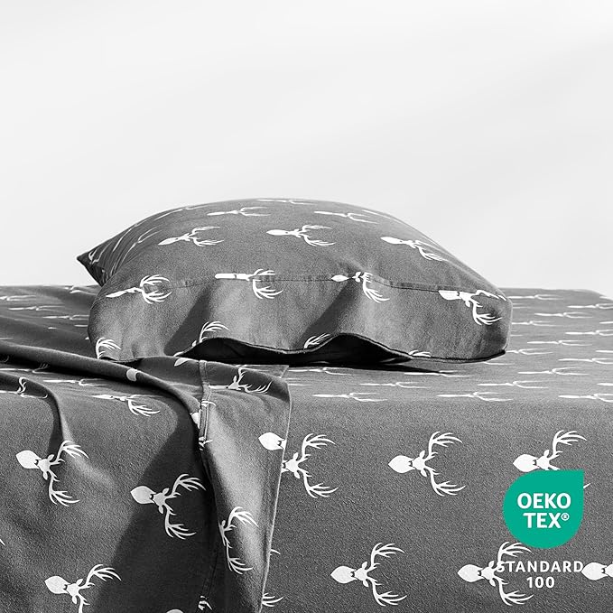 Bare Home Flannel Sheet Set Prints, 100% Cotton, Velvety Soft Heavyweight - Double Brushed Flannel for Extra Softness & Comfort - Deep Pocket - Bed Sheets (Twin, Stag)